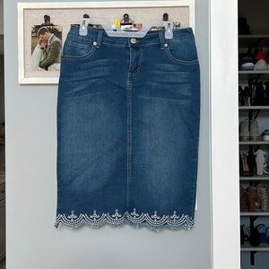 Embroidered Hem Denim Midi Skirt